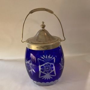Vintage biscuit jar cobalt blue etched glass with metal lid clear bottom